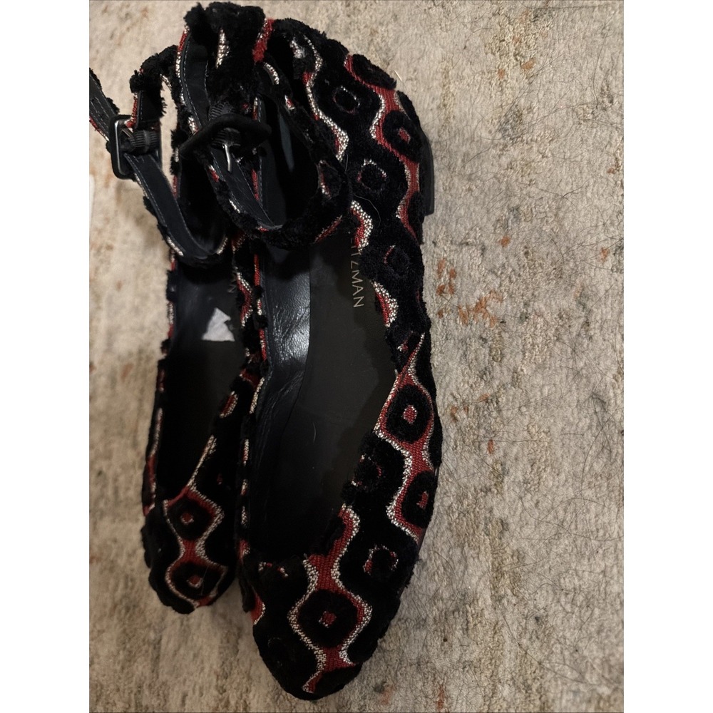 Stuart Weitzman $498 Mulearky Red Black Print Small Heel Ankle Strap Sz 8.5